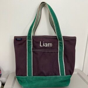 Lands End VTG Canvas Tote Bag Maroon Green Sturdy Liam Preppy Classic Open Top